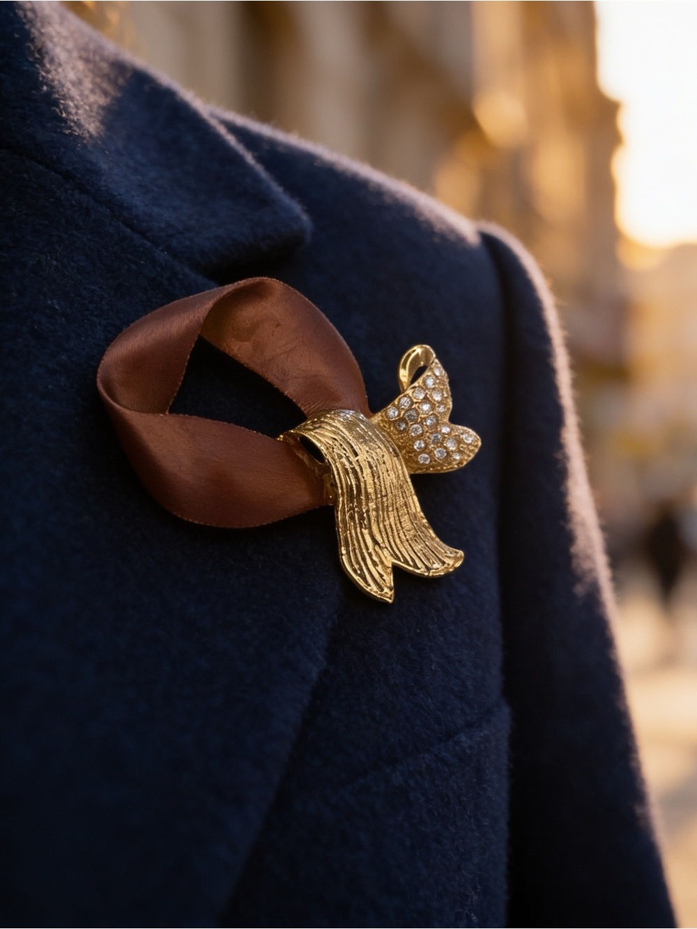 Mauve-Burgundy Bow Brooch with Gold-Tone & Crystal Accents
